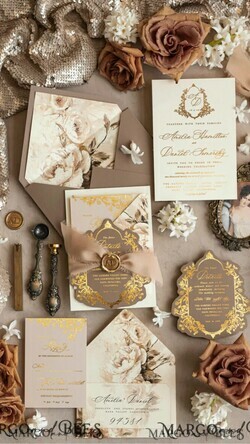 WEDDING INVITATIONS Vintage Baroque Vintage Baroque Wedding Invitation suite  Beige Golden Fine art Roses Wedding Invitations with rsvp Victorian wedding crest Chinoiserie Invites Royal Ornamental frame25